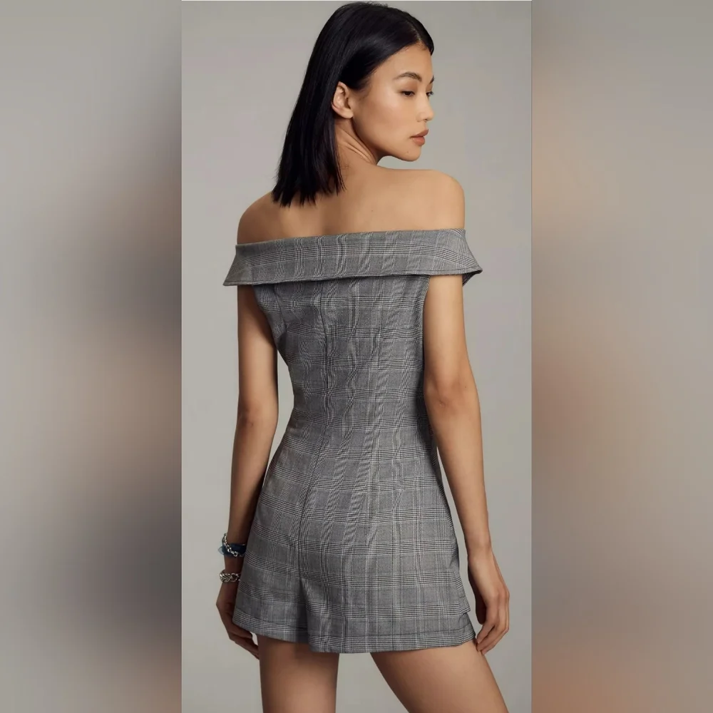 Anthropologie Maeve Off-The-Shoulder Button-Front Menswear Romper - Picture 2 of 5